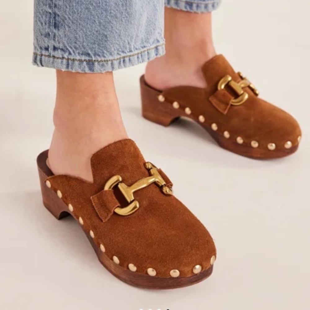 Boden Brown Suede Mules with Gold Accents